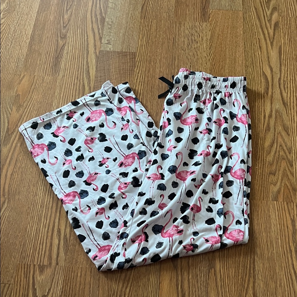 Sophie Sue Women's White Pajama Pants with Pink Flamingo Print Sz Large